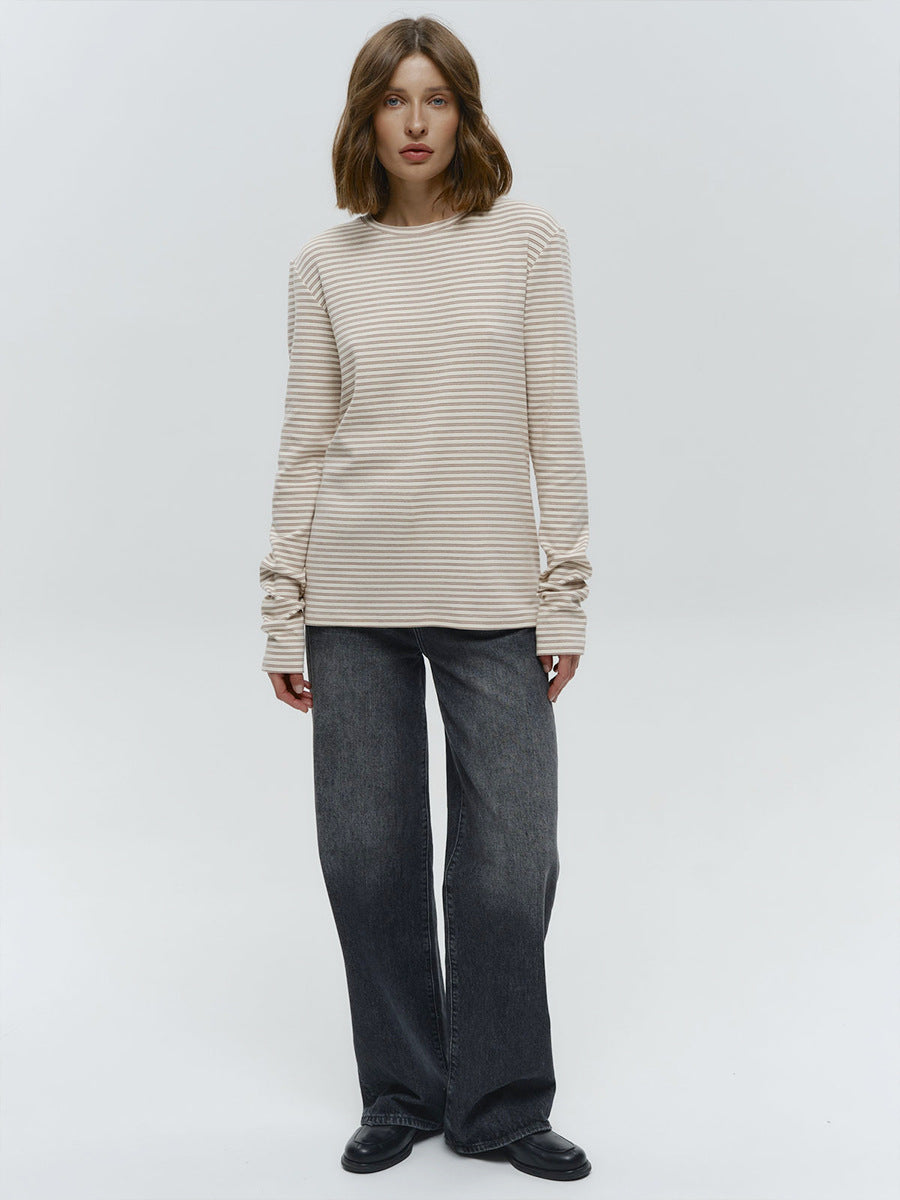 Striped Cotton Crew Neck Long Sleeve Tee in Oat Stripe — full-length view