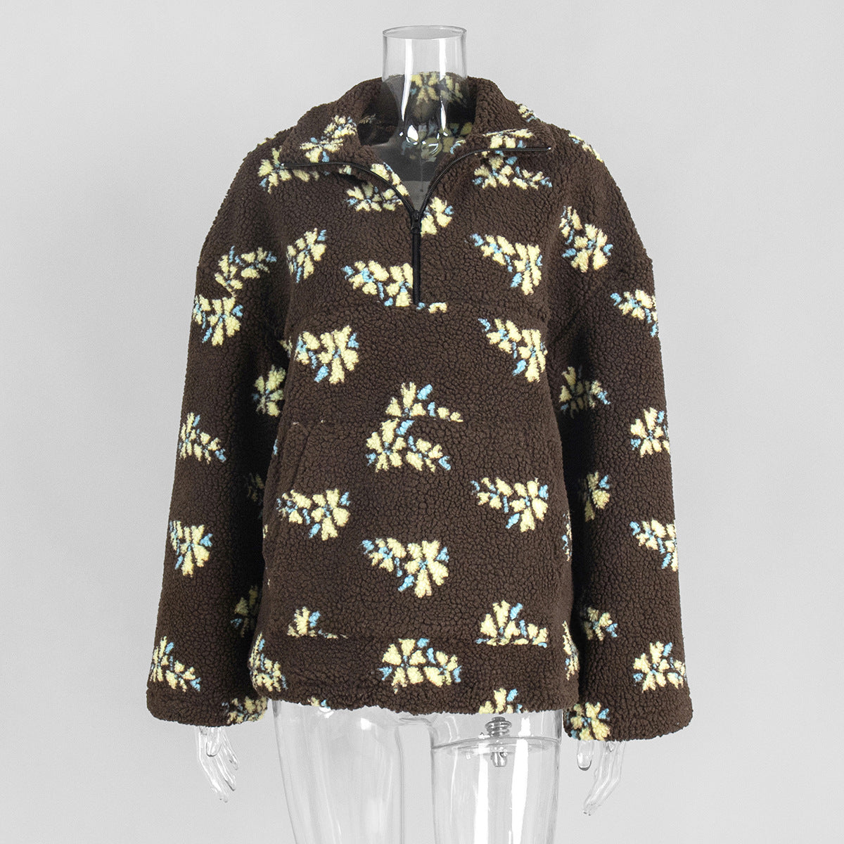 Floral Fleece Half-Zip Pullover Sweatshirt in Brown Cream Floral — front view