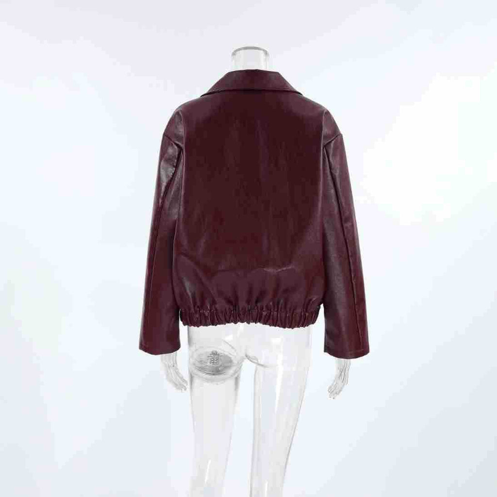 Faux Leather Bomber Jacket with Point Collar in Burgundy — back view on mannequin