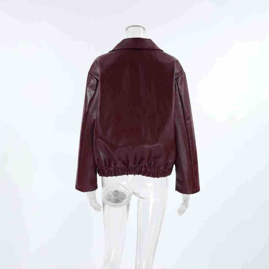 Faux Leather Bomber Jacket with Point Collar in Burgundy — back view on mannequin