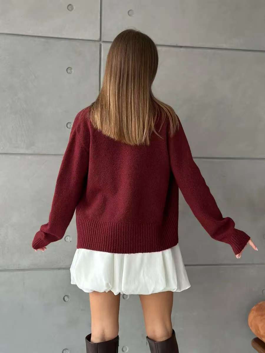 Crew-Neck Cardigan with Multicolor Buttons in Burgundy — back view on model