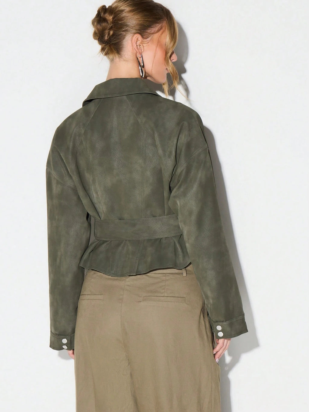 Belted Faux Suede Moto Jacket with Asymmetric Zip in Olive — back view on model