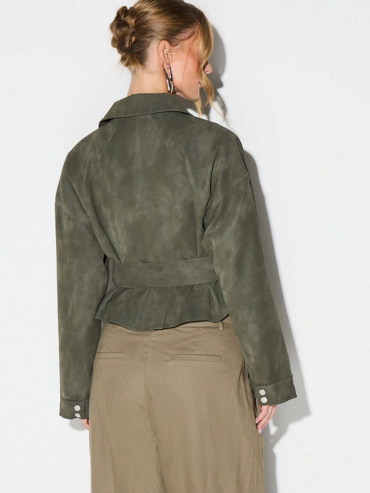 Belted Faux Suede Moto Jacket with Asymmetric Zip in Olive — back view on model