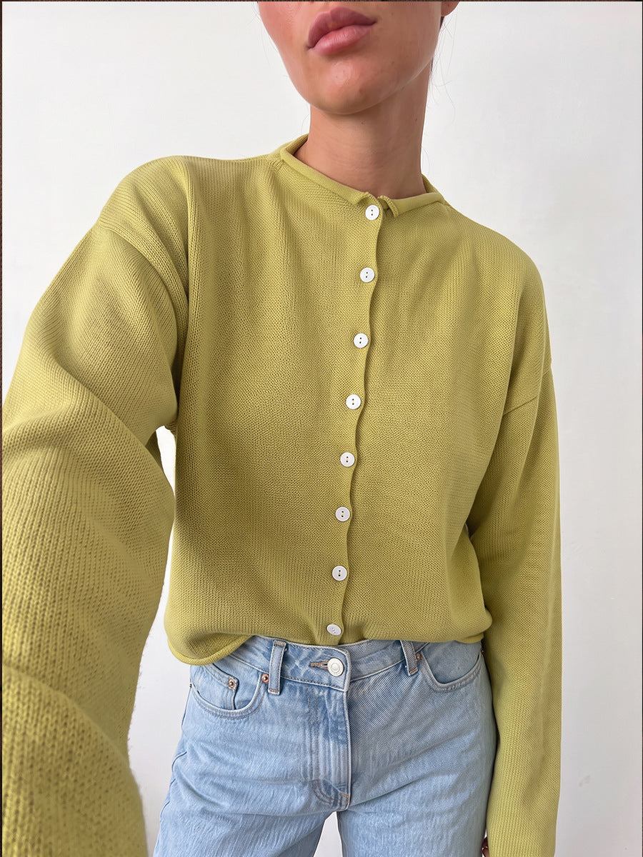 Scalloped Neck Button-Front Knit Cardigan in Lime — neckline and button detail