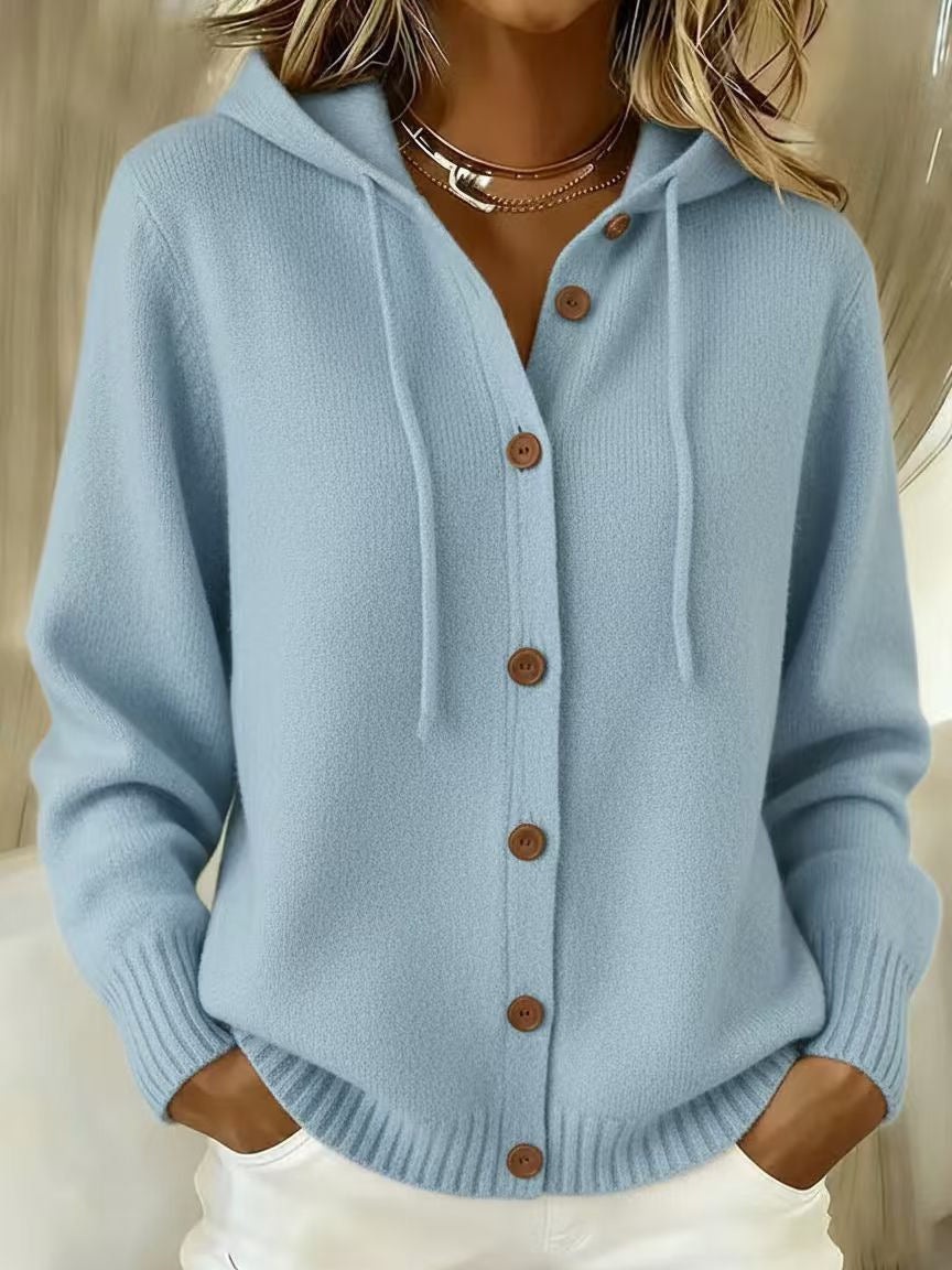 Hooded Button-Front Knit Cardigan in Light Blue — front view on model