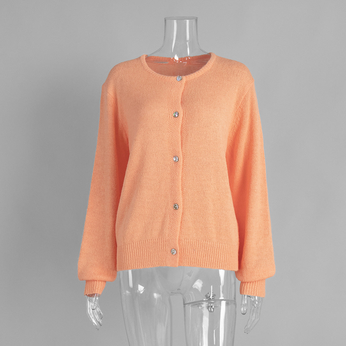 Soft Fuzzy Crew Neck Button Cardigan in Orange — front view