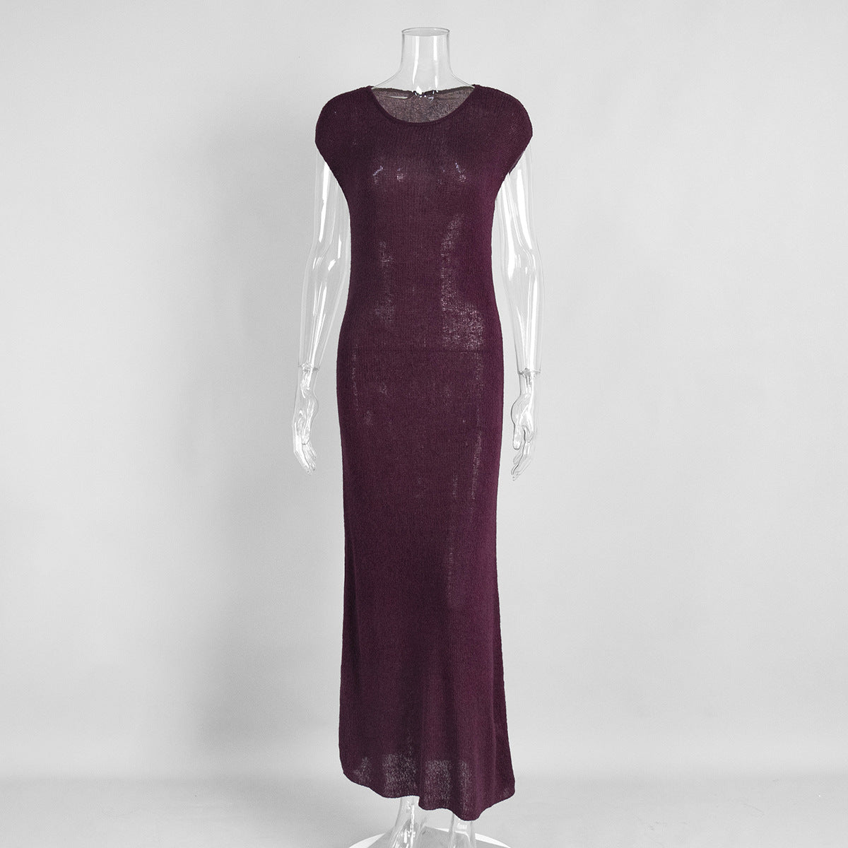 Airy Knit Long Cardigan & Sleeveless Maxi Dress Set in Plum — dress on its own