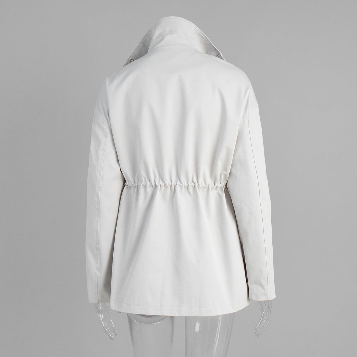 Cotton Drawstring Waist Jacket with Stand Collar in Off-White — back view on mannequin