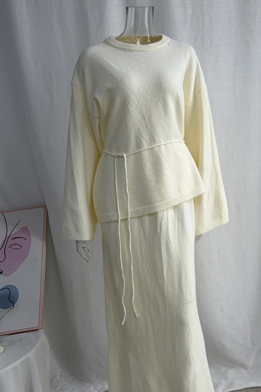 Relaxed Knit Sweater & Maxi Skirt Set with Tie Belt in Ivory — set on a form