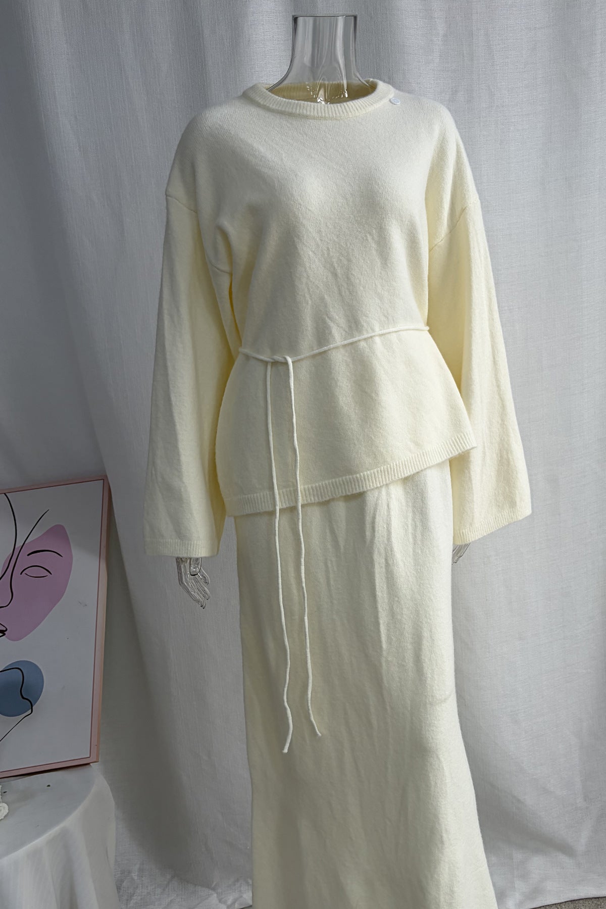 Relaxed Knit Sweater & Maxi Skirt Set with Tie Belt in Ivory — set on a form