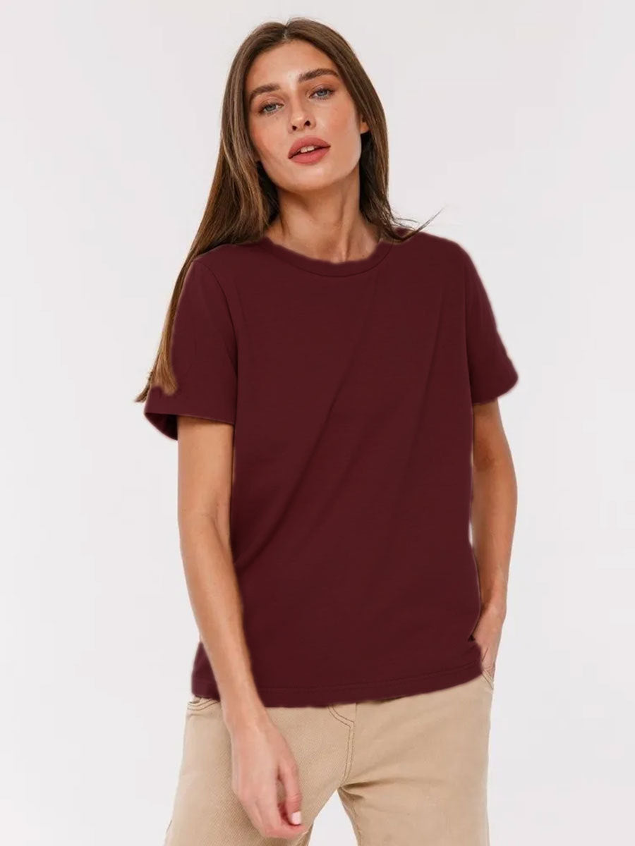 Everyday Cotton Short Sleeve Crew Tee in Burgundy — front view on model
