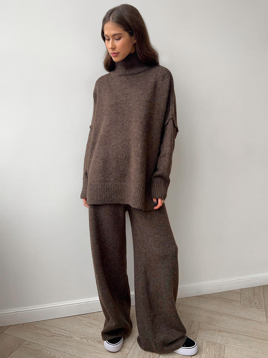 Oversized Turtleneck Sweater & Wide-Leg Knit Pants Set in Chocolate Brown — full-length view