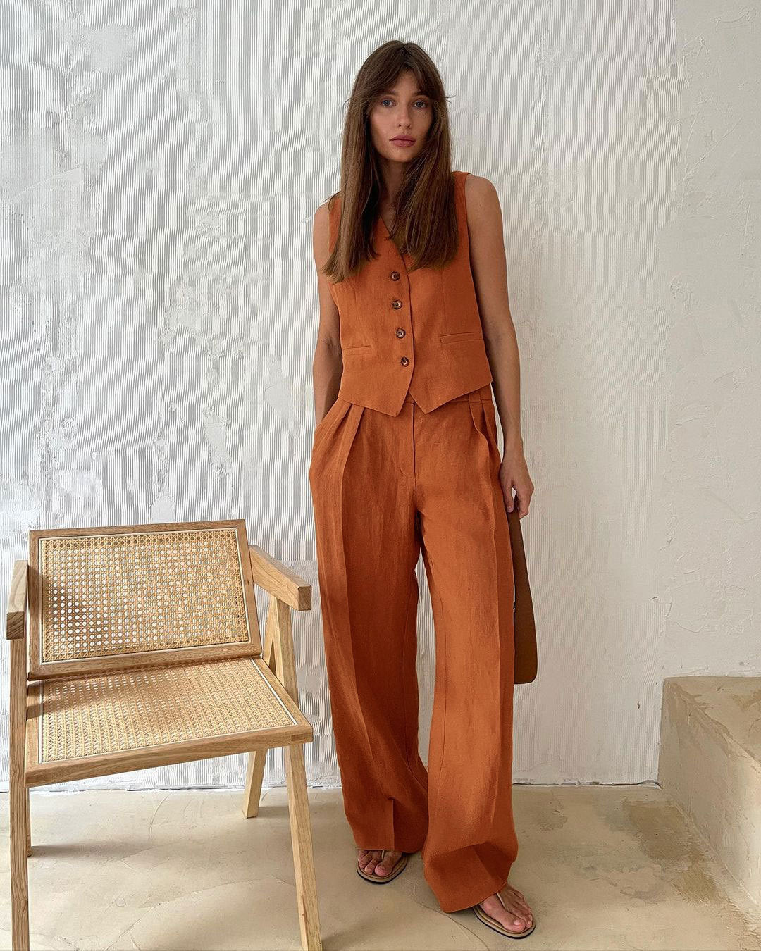 Linen-Blend Vest & Wide-Leg Pants Set in Burnt Orange — front view on model