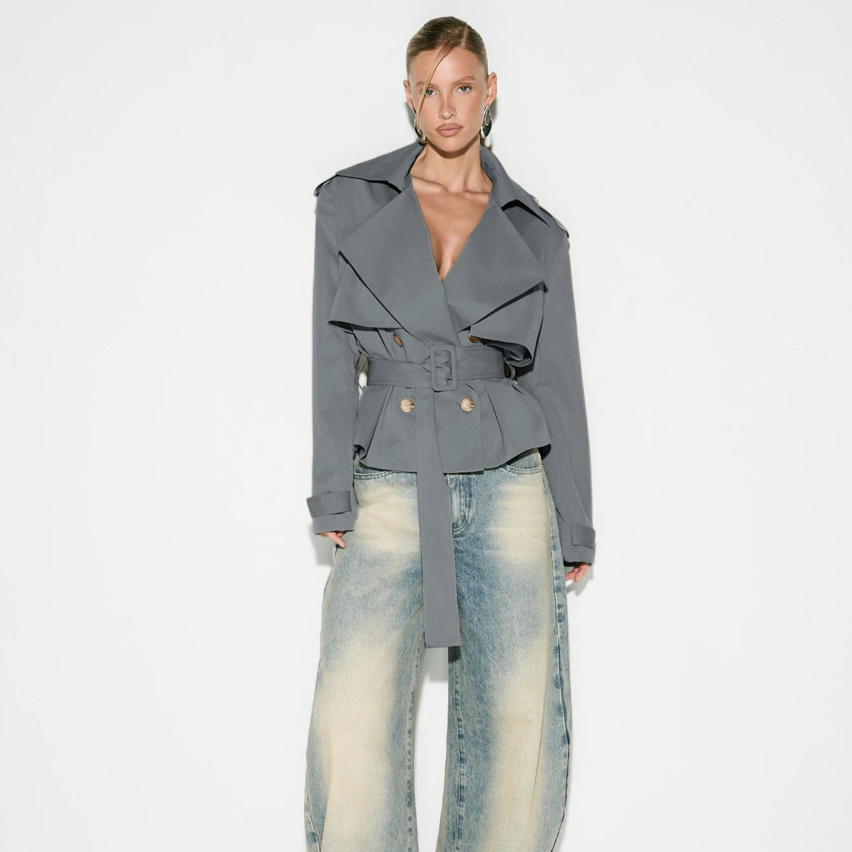 Cropped Double-Breasted Trench Jacket with Belt and Epaulettes in Gray — full-length view on model