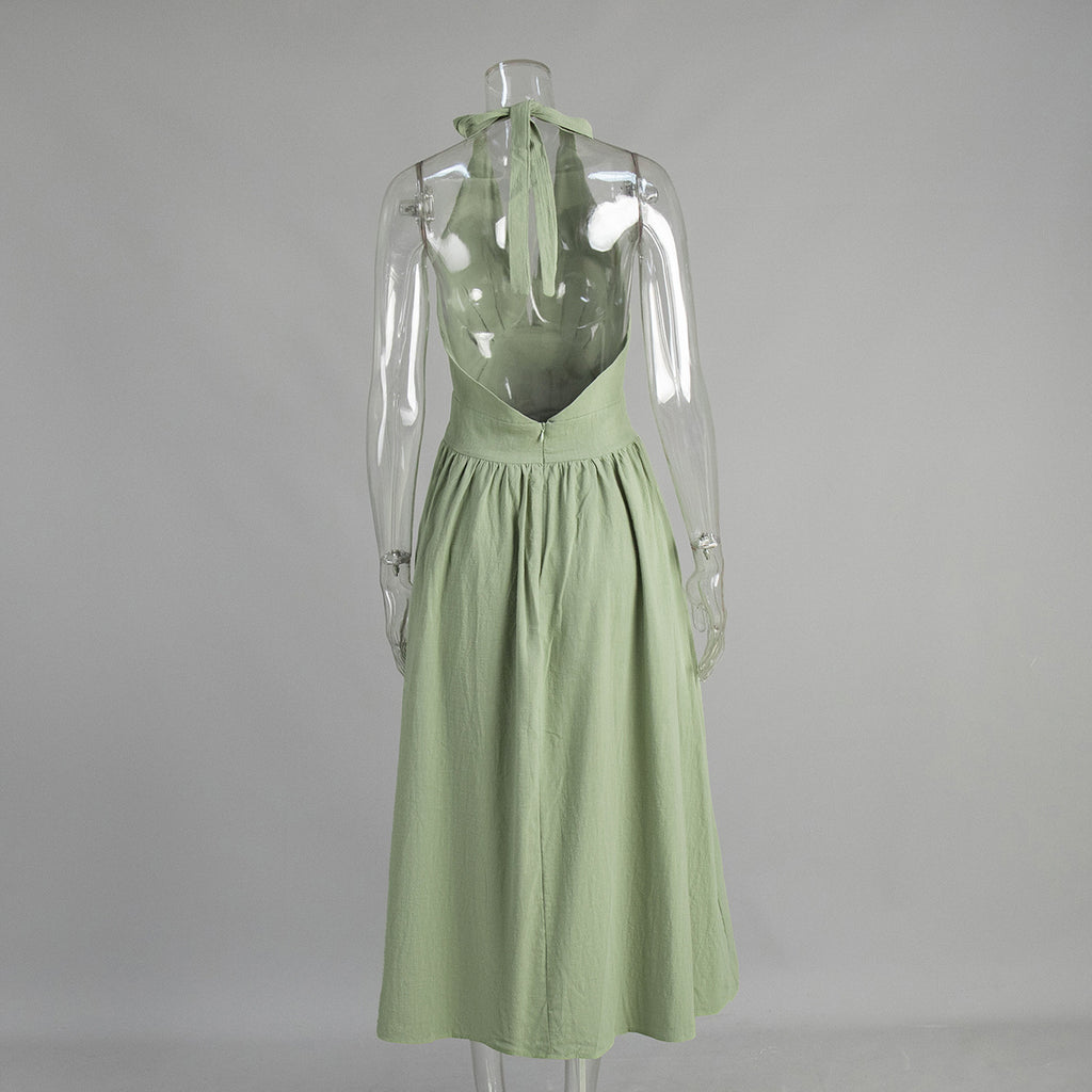 Cotton Halter V-Neck Maxi Dress in Sage Green — back view on mannequin