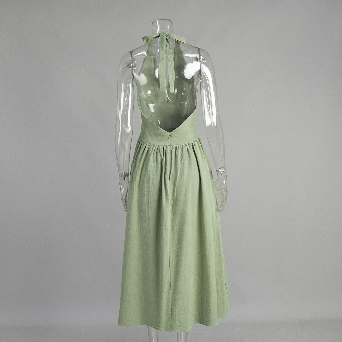 Cotton Halter V-Neck Maxi Dress in Sage Green — back view on mannequin