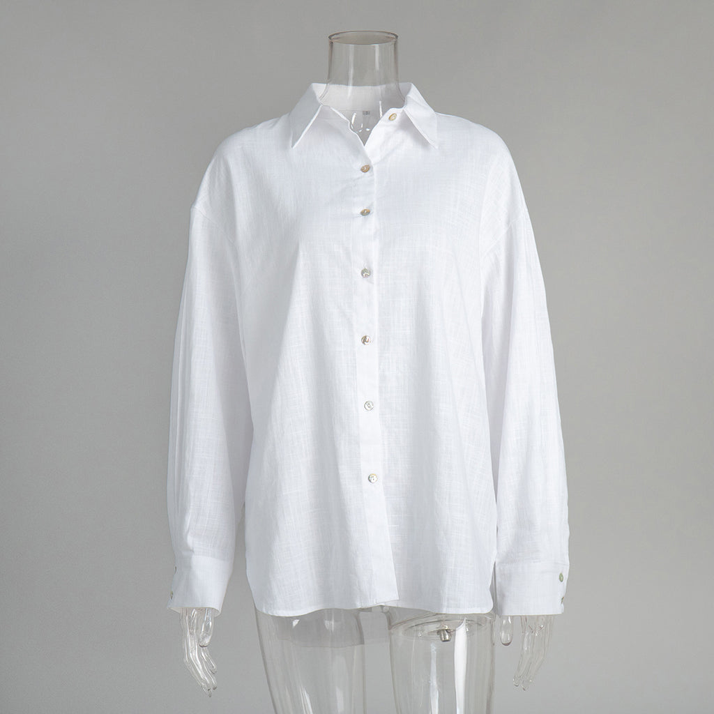 Relaxed Cotton Button-Down Shirt in White — front view