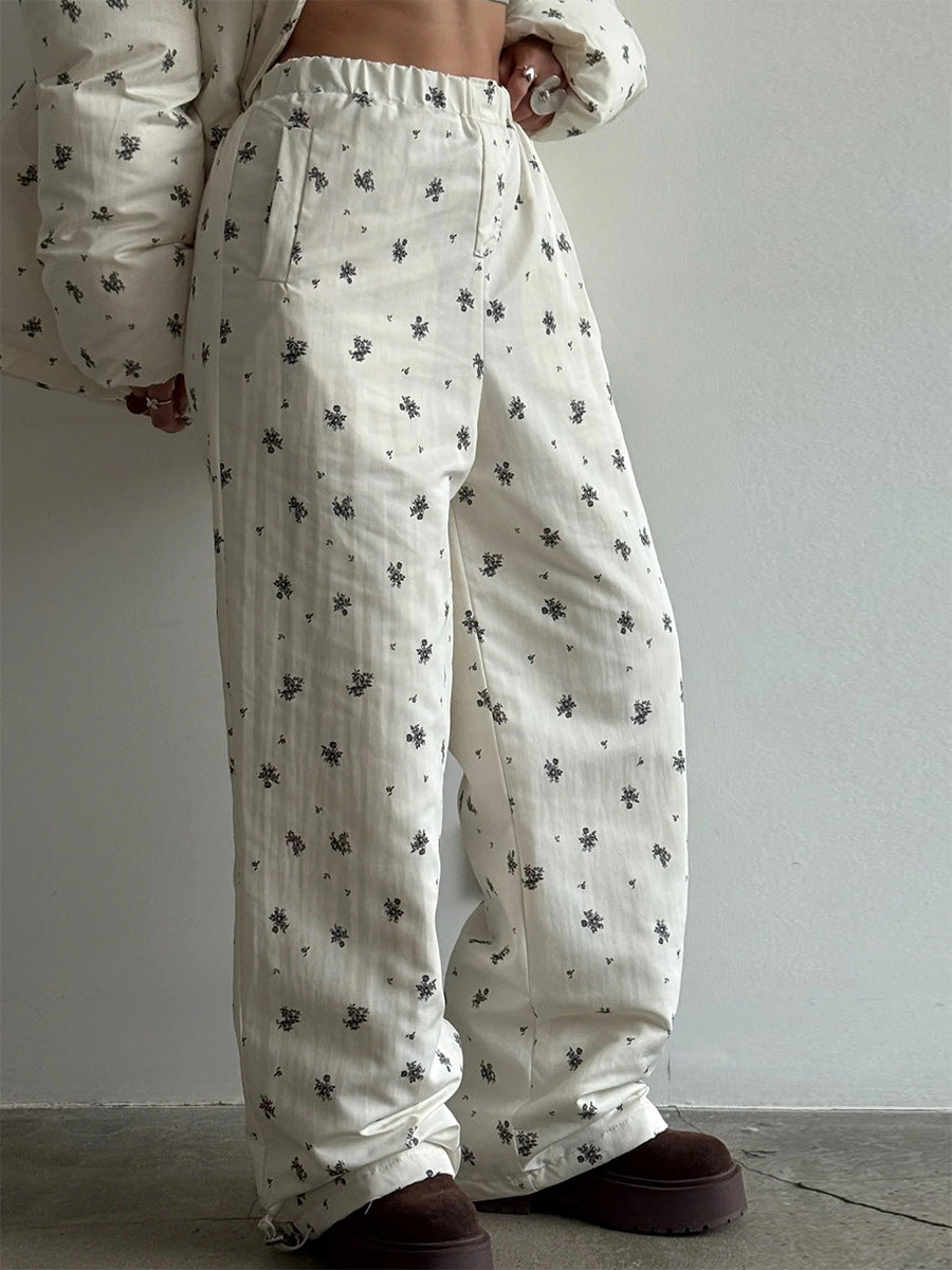 Floral Print Hooded Puffer Jacket & Drawstring Puffer Pants in Ivory Floral — pants with elastic waist
