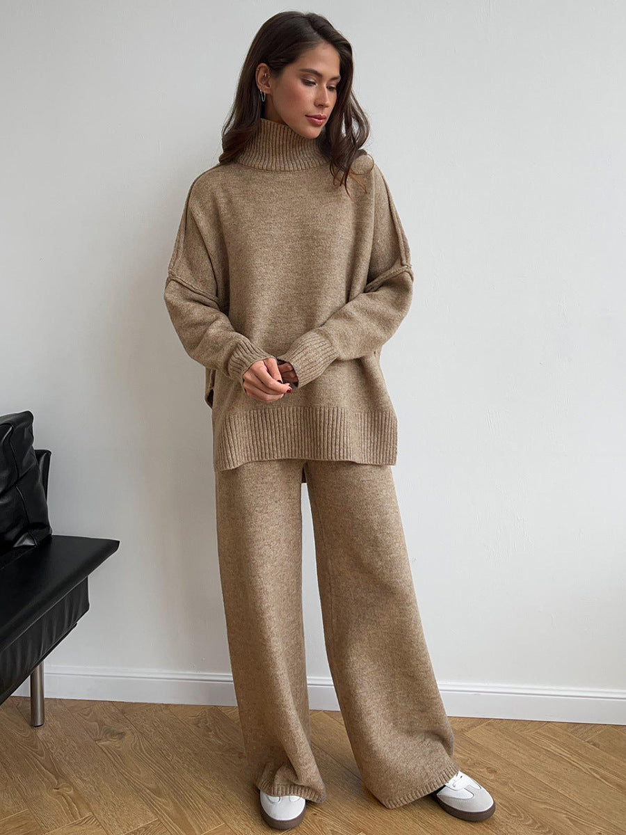 Oversized Turtleneck Sweater & Wide-Leg Knit Pants Set in Camel — full-length view