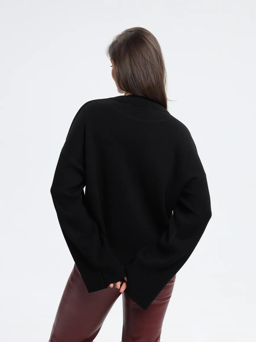 Relaxed Crew Neck Sweater with Split Cuffs in Black — back view