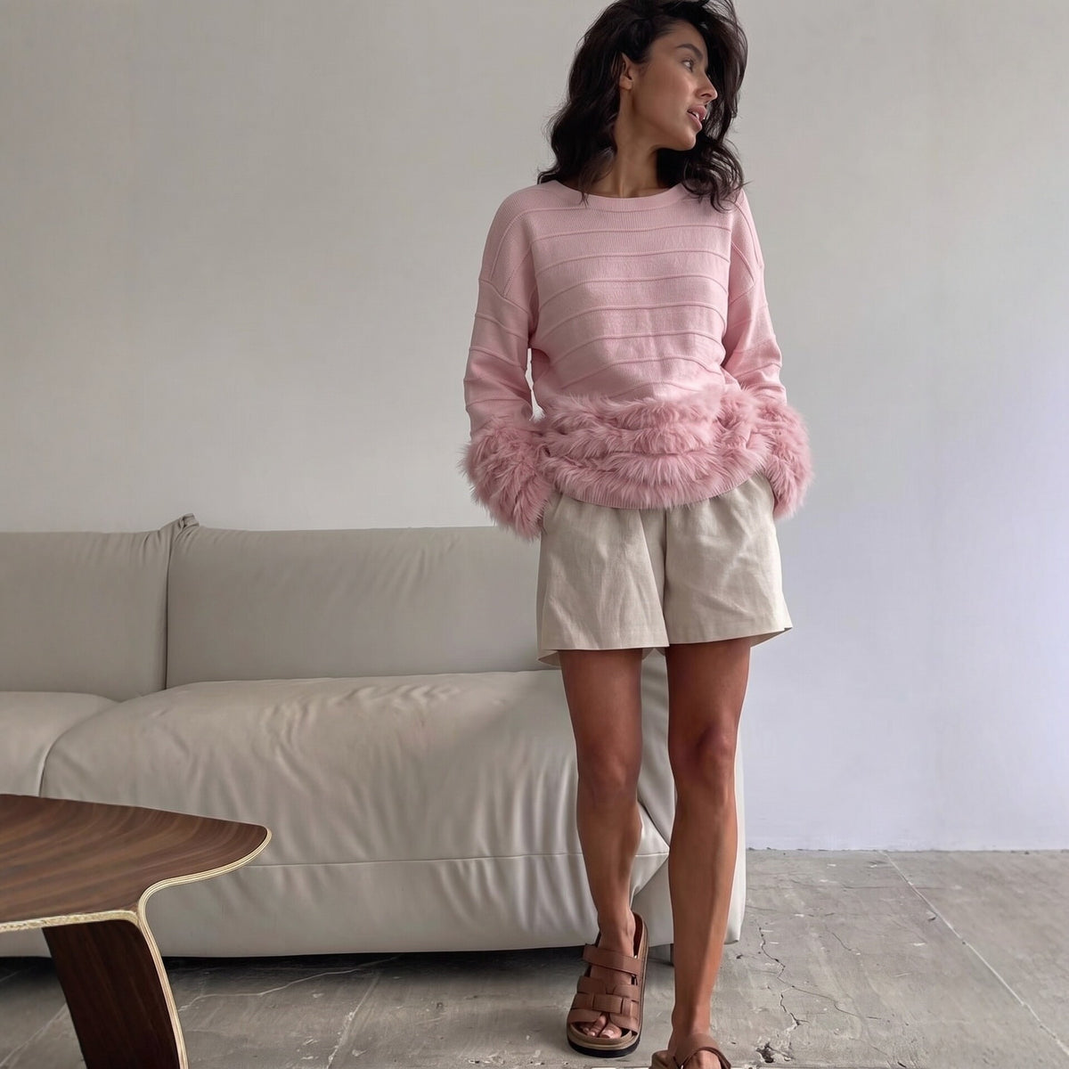 Fringe Trim Ribbed Crewneck Sweater in Soft Pink — front view on model