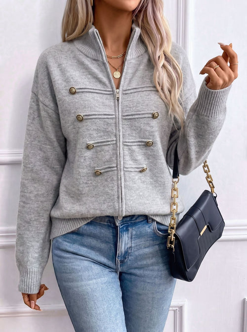 Military-Style Zip-Up Knit Cardigan in Light Gray — front view on model