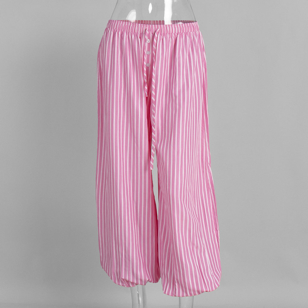 Striped Balloon Harem Pants in Pink Stripe — front view on mannequin