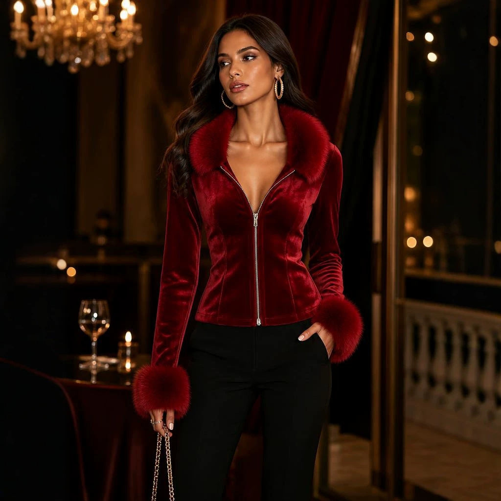 Fitted Velvet Zip Jacket with Faux Fur Collar and Cuffs in Burgundy — full front view on model with black trousers