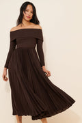 Off-the-Shoulder Long Sleeve Pleated Midi Dress in Chocolate — front view on model