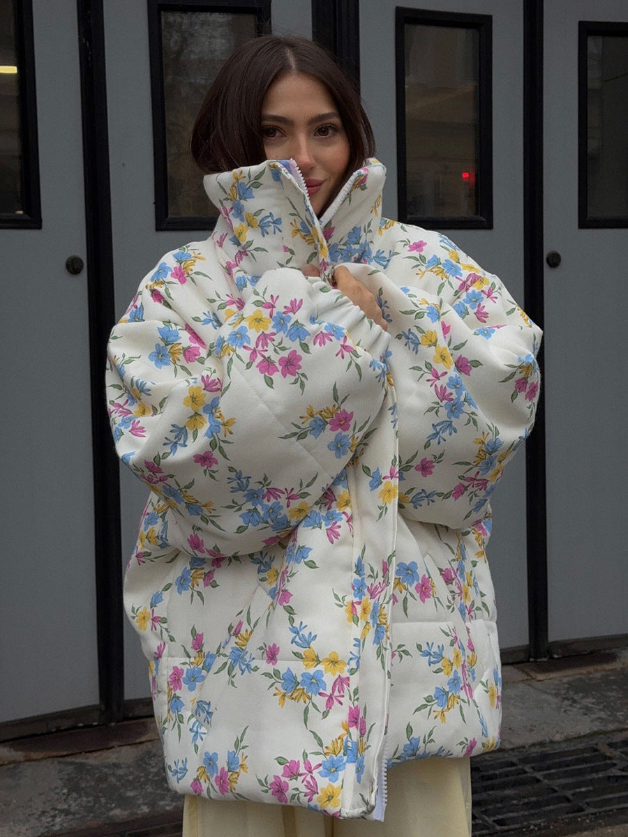 Floral Print Puffer Jacket with Stand Collar in Cream Floral — collar zipped up high