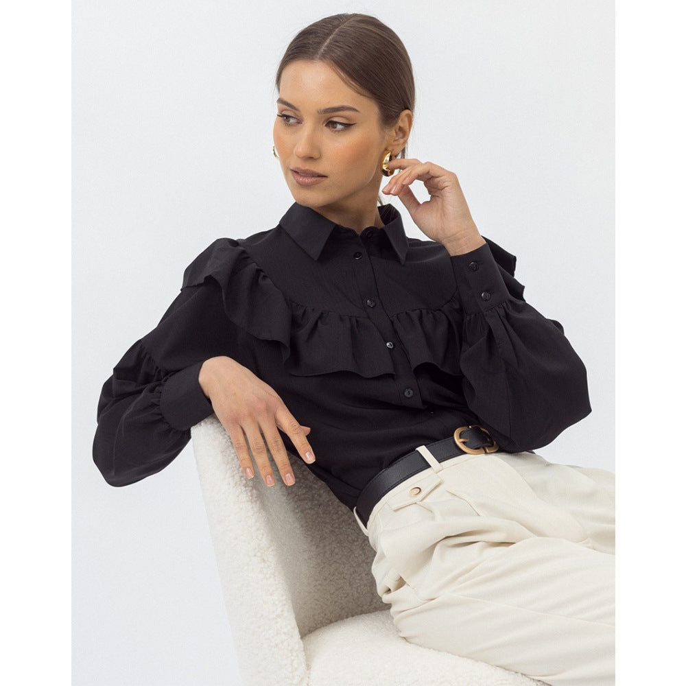 Cotton Ruffle Collar Button-Down Blouse in Black — front on model / color reference