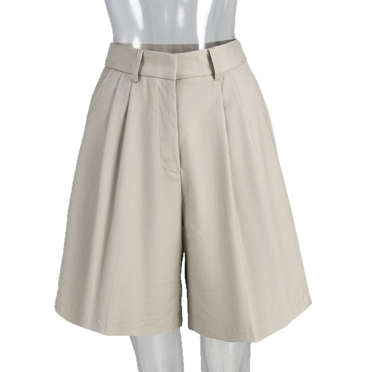 High-Waist Pleated Bermuda Shorts in Apricot — front view on mannequin