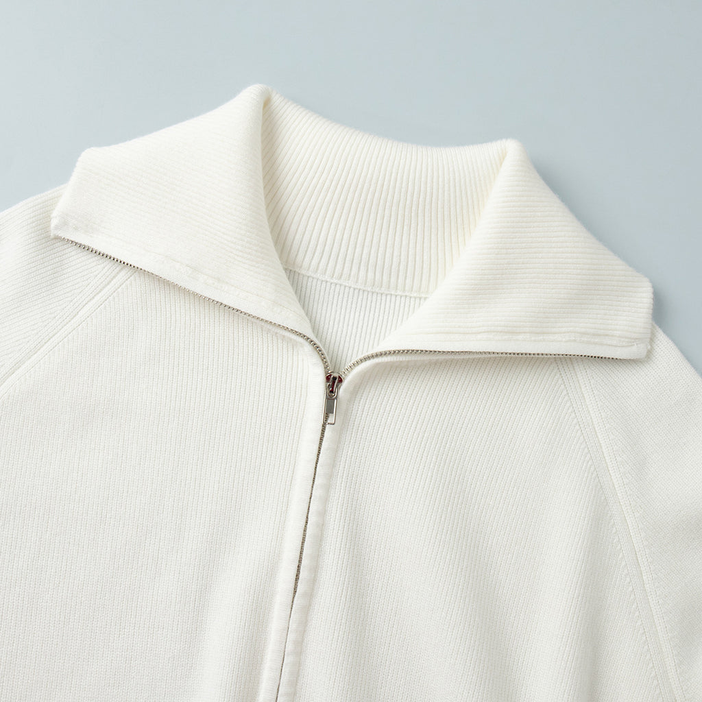 Wide-Collar Zip-Up Knit Cardigan & Wide-Leg Pants Set in Ivory — close-up of the collar and zipper