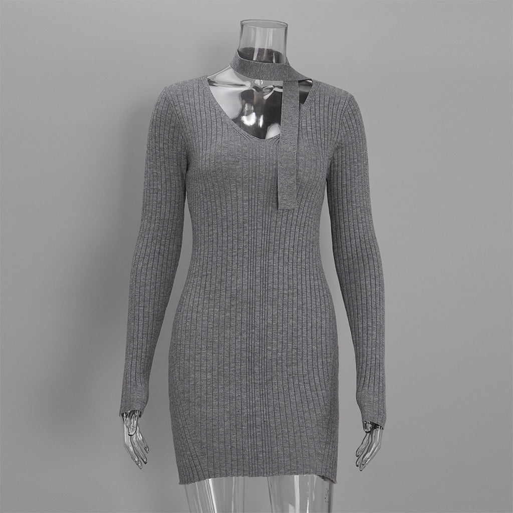 Ribbed V-Neck Knit Mini Dress with Skinny Scarf Tie in Heather Gray — dress front view with scarf