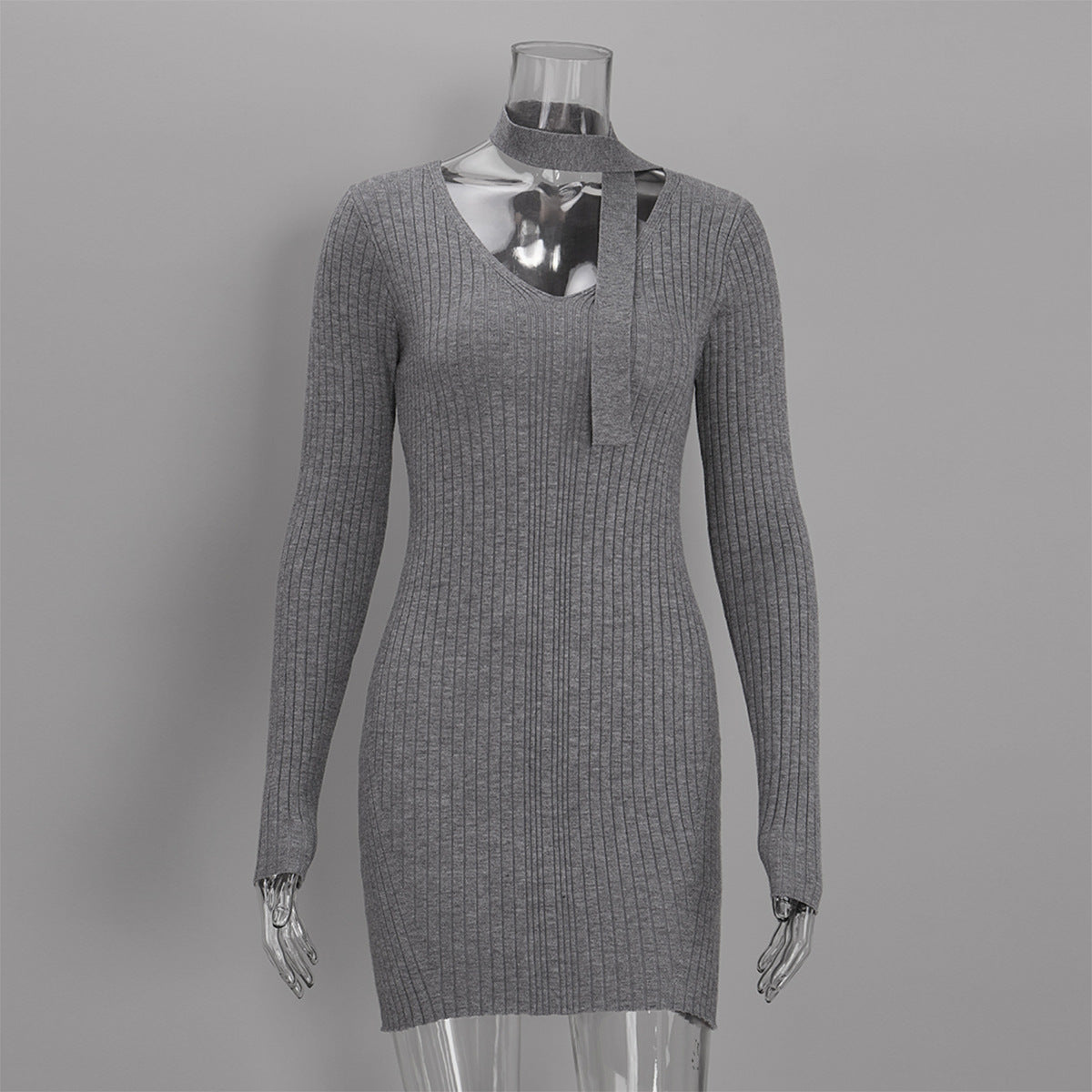 Ribbed V-Neck Knit Mini Dress with Skinny Scarf Tie in Heather Gray — dress front view with scarf