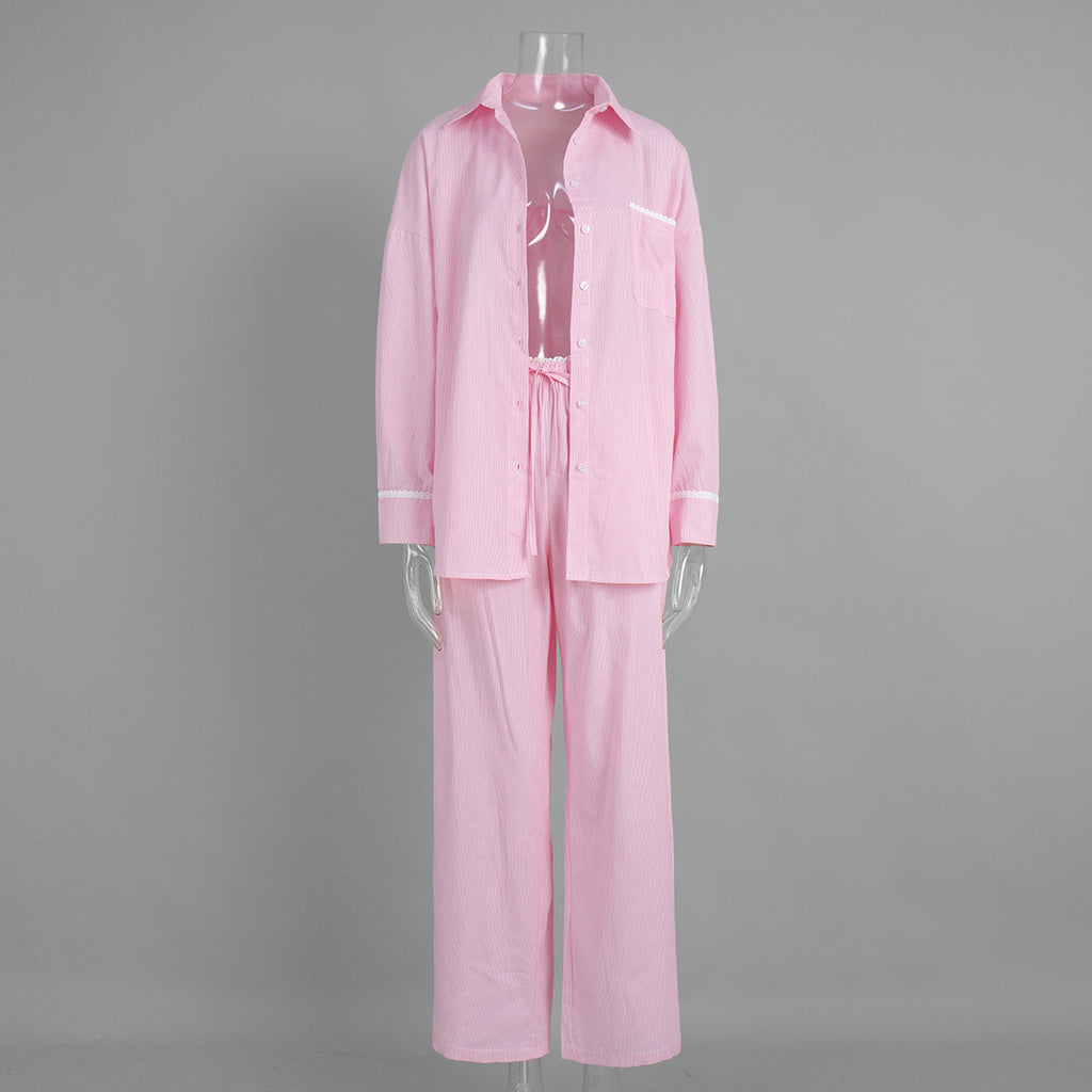 Pinstripe Cotton Shirt & Wide-Leg Pants Set in Soft Pink — set on mannequin, shirt closed