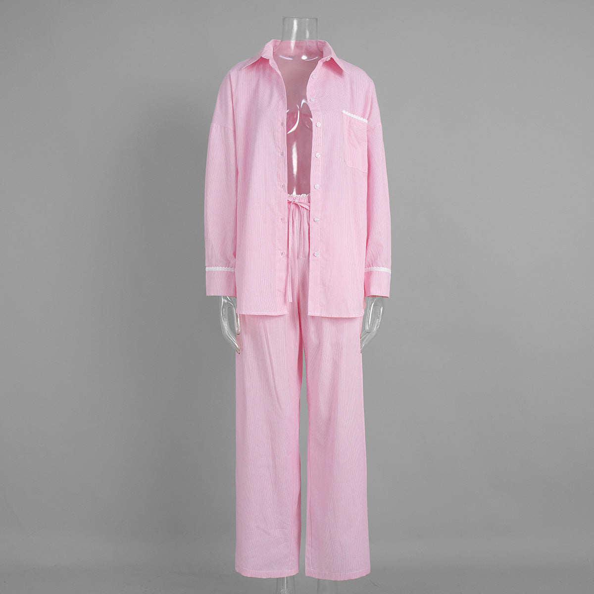 Pinstripe Cotton Shirt & Wide-Leg Pants Set in Soft Pink — set on mannequin, shirt closed