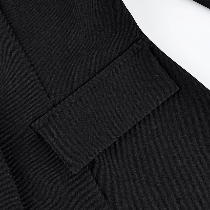 Fitted Blazer with Lace-Trimmed Hem and Cuffs in Black — close-up of the flap pocket