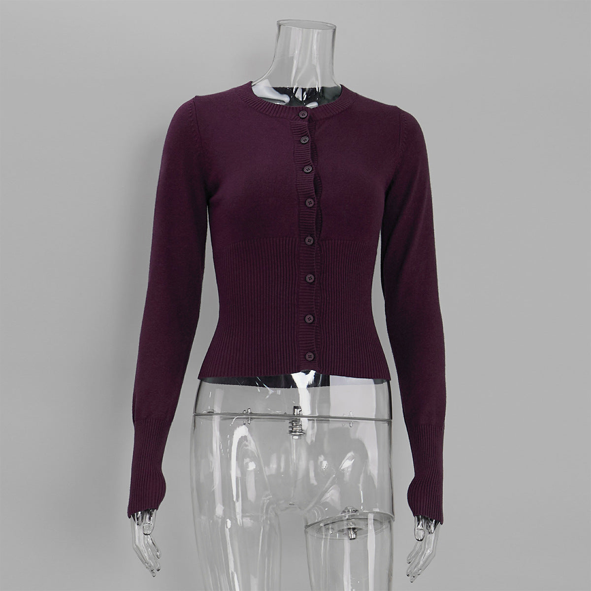 Fitted Cropped Ribbed Knit Cardigan in Plum — front view
