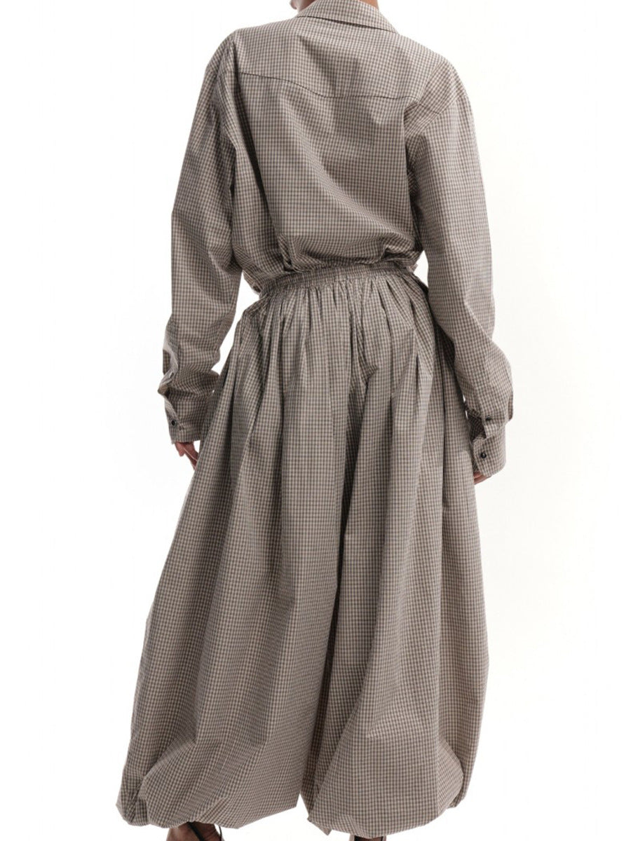 Cotton-Rayon Check Balloon Harem Pants in Khaki Check — back view on mannequin