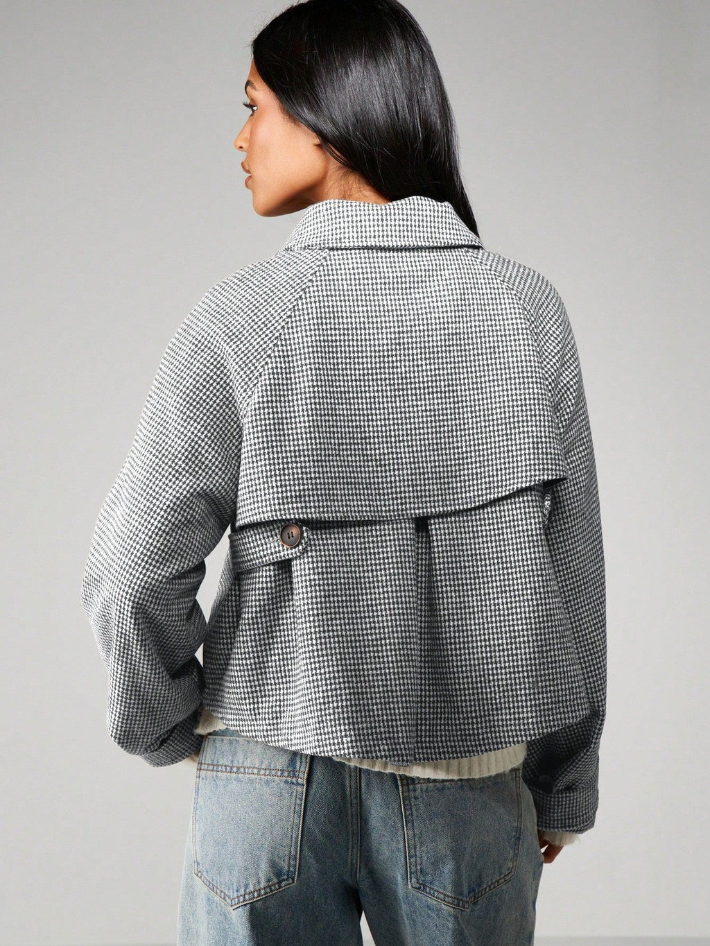 Cropped Houndstooth Jacket with Buttoned High Collar in Gray Houndstooth — back view on model showing the back yoke