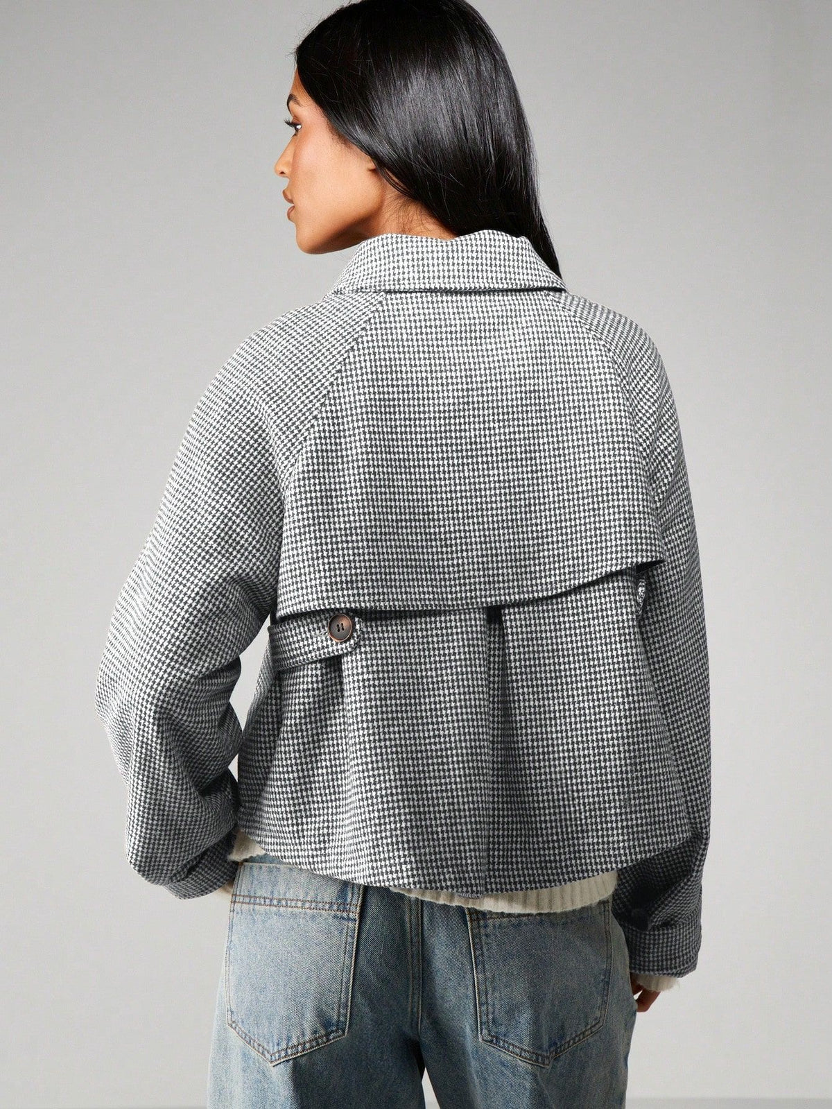 Cropped Houndstooth Jacket with Buttoned High Collar in Gray Houndstooth — back view on model showing the back yoke