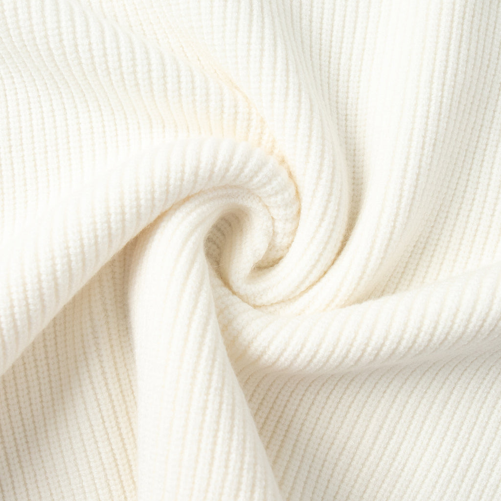 Half-Zip Polo Knit Sweater & Wide-Leg Pants Set in Ivory — close-up of the ribbed knit