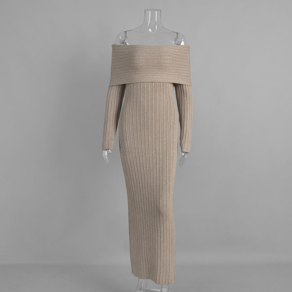 Off-Shoulder Fold-Over Collar Ribbed Knit Maxi Dress in Taupe — dress front view