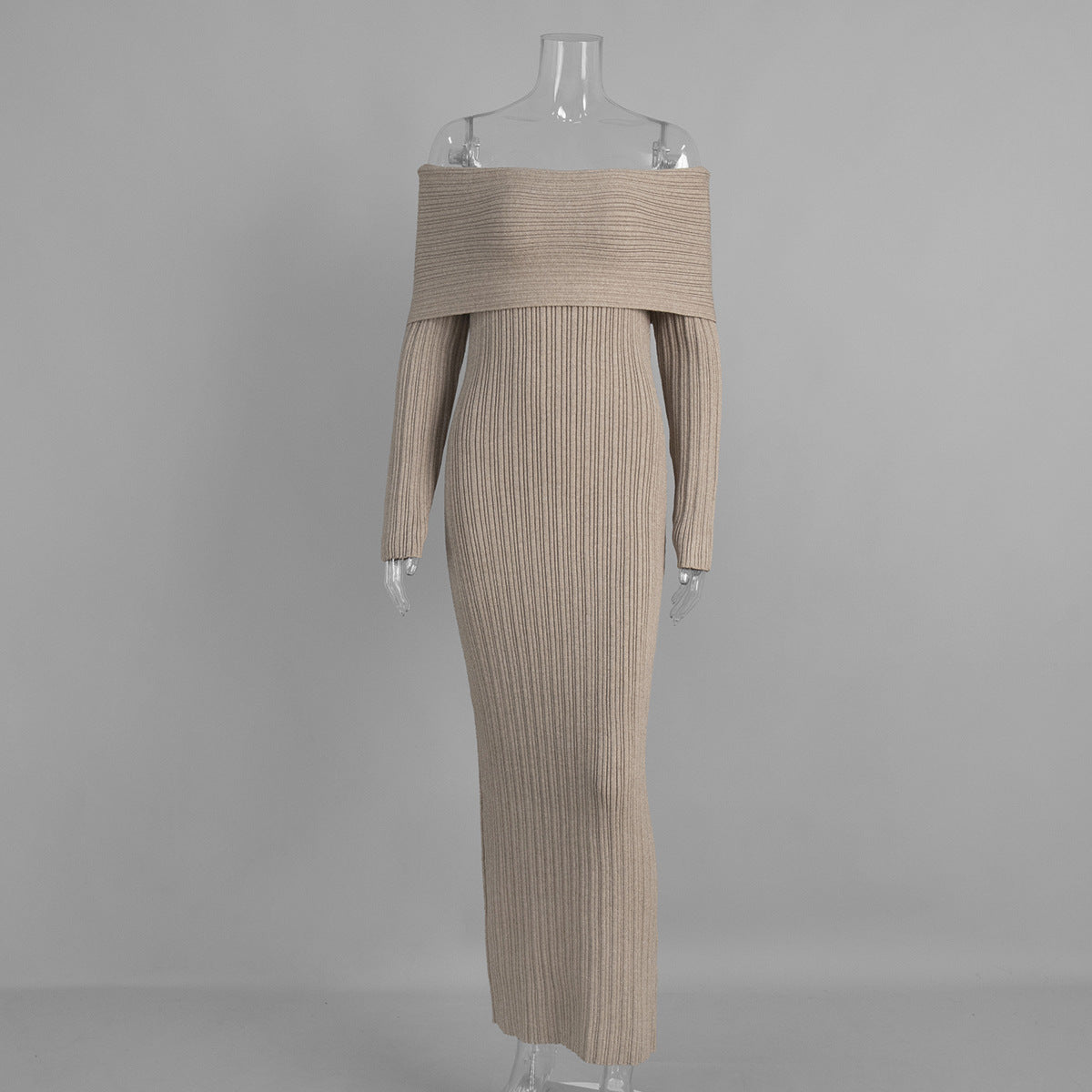 Off-Shoulder Fold-Over Collar Ribbed Knit Maxi Dress in Taupe — dress front view