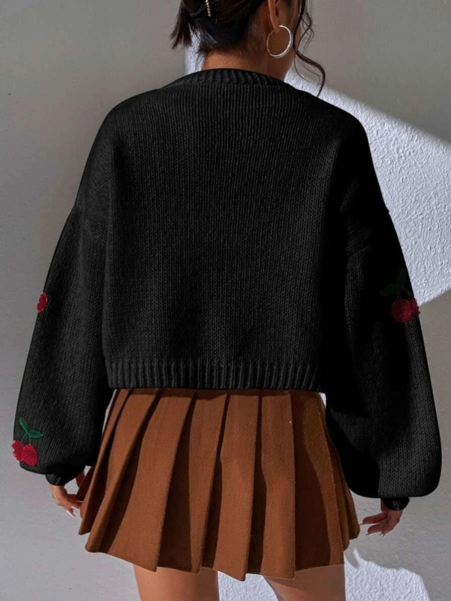 Cherry Embroidered Open-Front Knit Cardigan in Black — back view on model