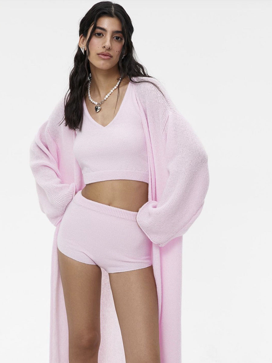 Long Open-Front Mohair-Blend Cardigan in Pink — front view on model