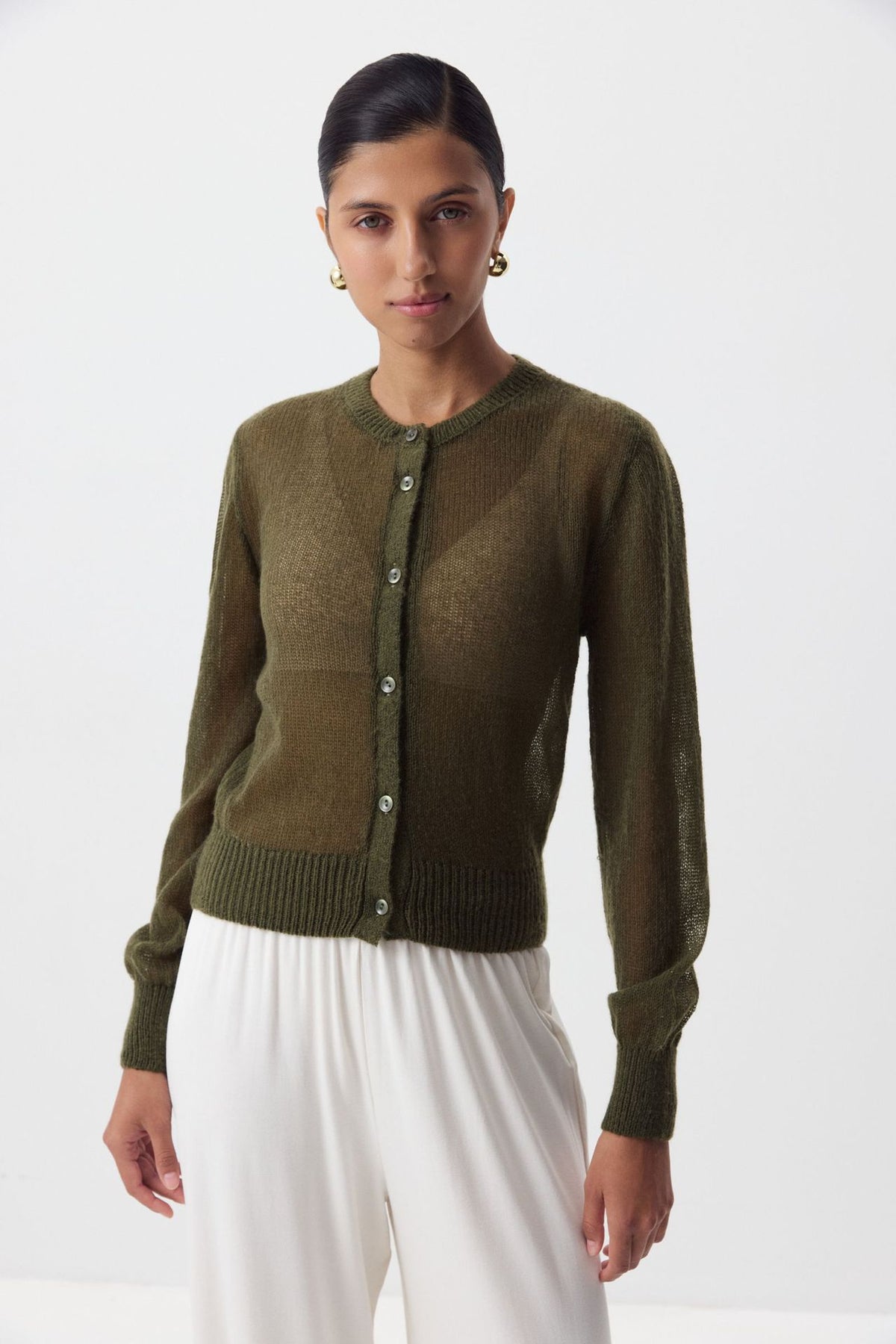 Airy Button-Front Knit Cardigan in Olive — front view on model