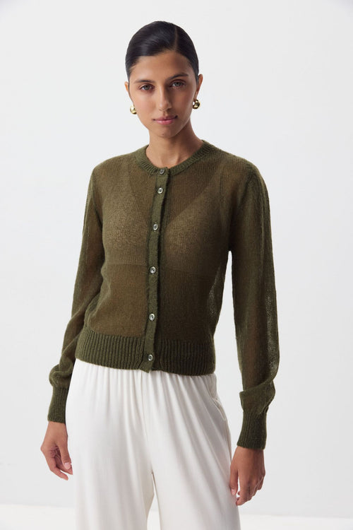 Airy Button-Front Knit Cardigan in Olive — front view on model