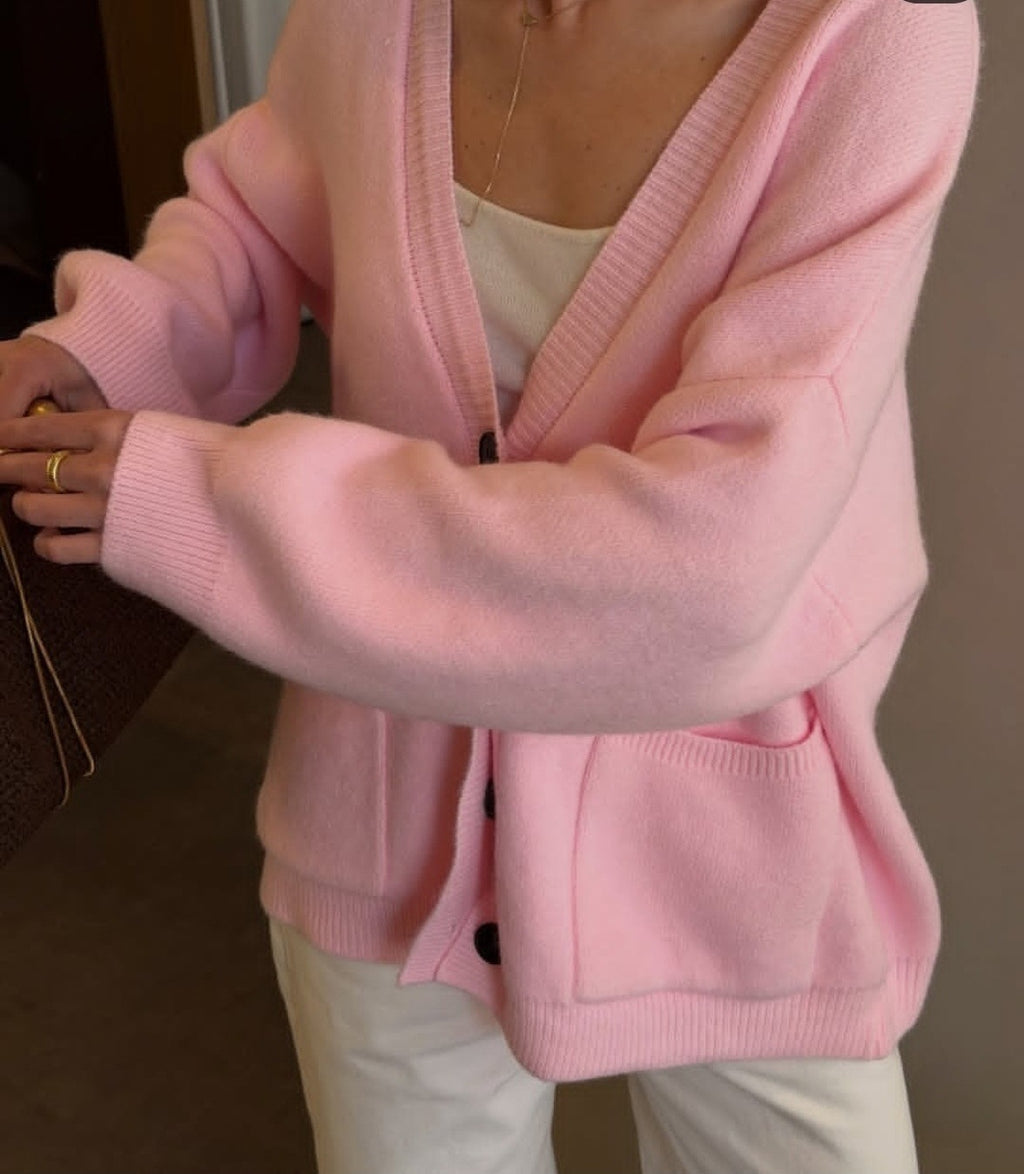 Oversized V-Neck Button Cardigan with Pockets in Pink — close-up of the buttons and pocket